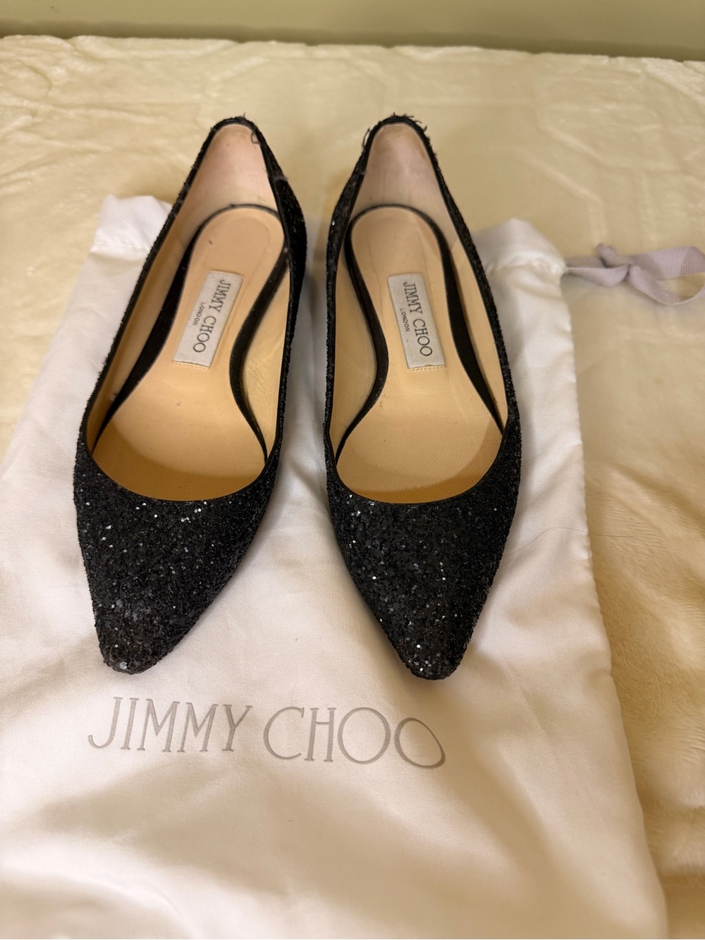 Jimmy Choo Black Glitter Pointed Ballet Flats